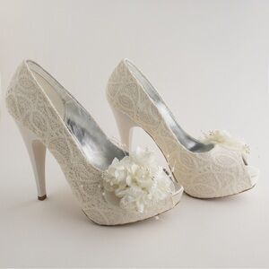 Satin Lace & Floral Bridal Heels Shoes Ivory White Peep Toe Womens Size 40